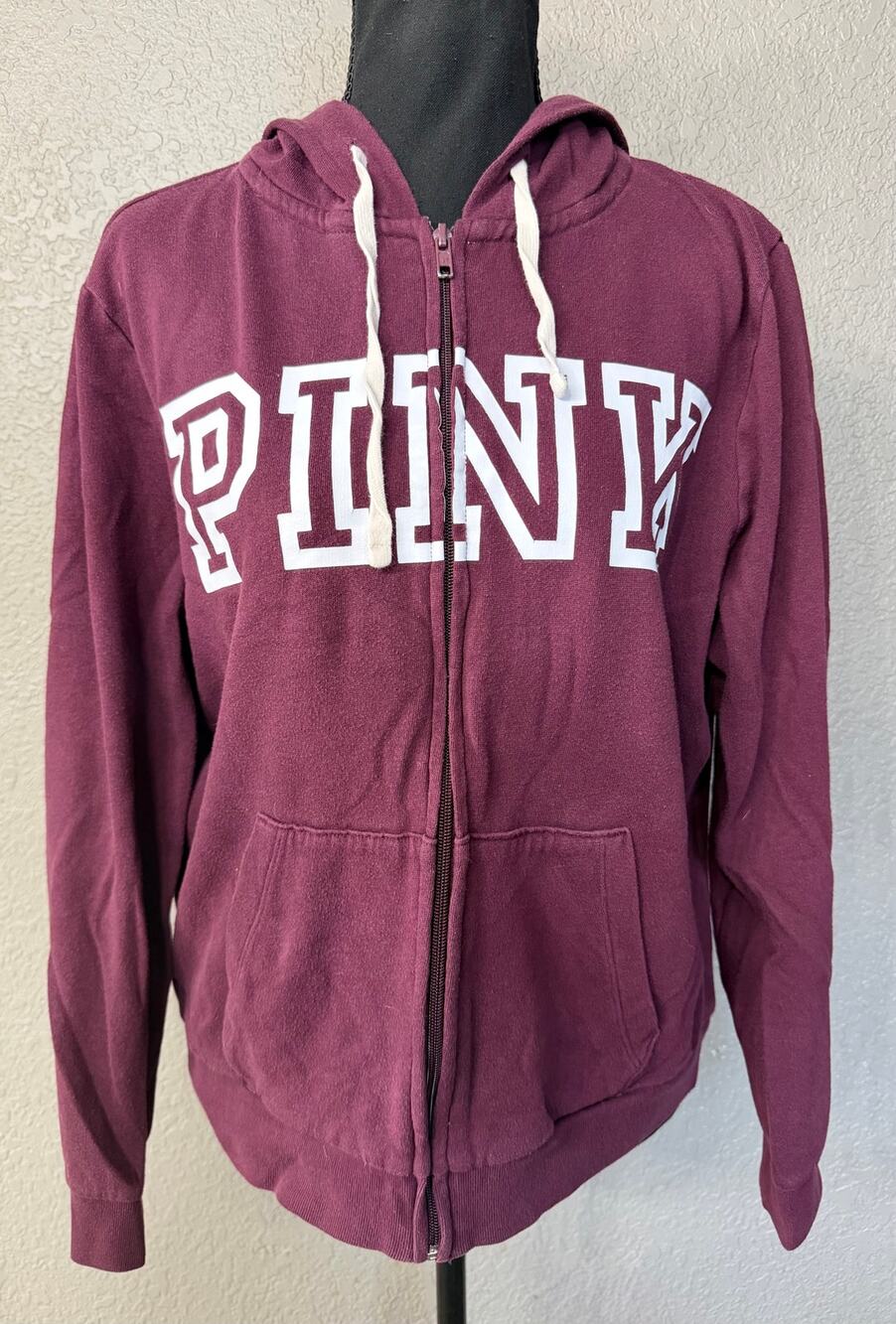 Victorias Secret PINK Women Sz L Burgundy Maroon Zip Up Hoodie Hooded Sweatshirt